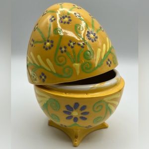 Ceramic Footed Egg Trinket Box Candy Dish Yellow Green Purple Easter Egg 6" Tall